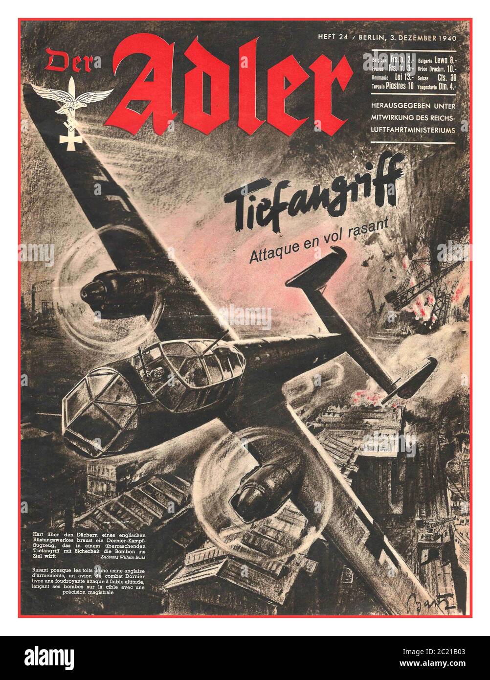 Vintage nazi World War II Propaganda Magazine DER ADLER -No 24 -1940 vintage allemand Luftwaffe Magazine Air Force WW2 deuxième Guerre mondiale avec un Dornier allemand Luftwaffe Dornier DO-217E bombarder, Luftwaffe Bomber bombardant des cibles industrielles britanniques pendant la Seconde Guerre mondiale le magazine allemand de propagande de la Seconde Guerre mondiale appelé « Der Adler » et distribué dans les pays occupés nazis Banque D'Images