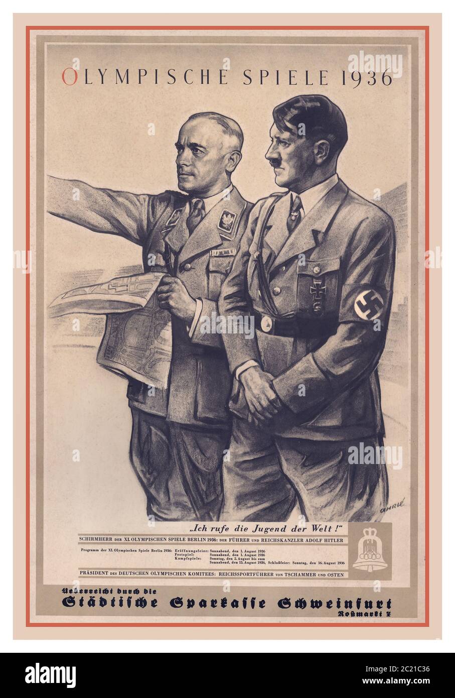 BERLIN OLYMPICS 1936 affiche ancienne avec Adolf Hitler et le directeur du Bureau sportif de Reich Tschammer und Osten étudier le site des Jeux Olympiques d'été 1936. (Allemand : Olympiche Sommerspiele 1936), officiellement connu sous le nom de Jeux de la XI e Olympiade (allemand : Spiele der XI Olympiade), un événement multisport international qui s'est tenu en 1936 à Berlin, en Allemagne Banque D'Images