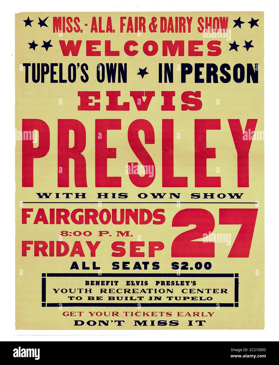 Elvis Presley 1956 Tupelo archive affiche de performance de spectacle vintage 27 septembre 1956, affiche faisant la promotion d'Elvis dans le Mississippi-Alabama Fair and Dairy Show à Tupelo aux fans de coring. Tupelo Mississippi était son lieu de naissance et ces spectacles ont été nommés les "Homecoming shows" Tupelo Mississippi USA Banque D'Images