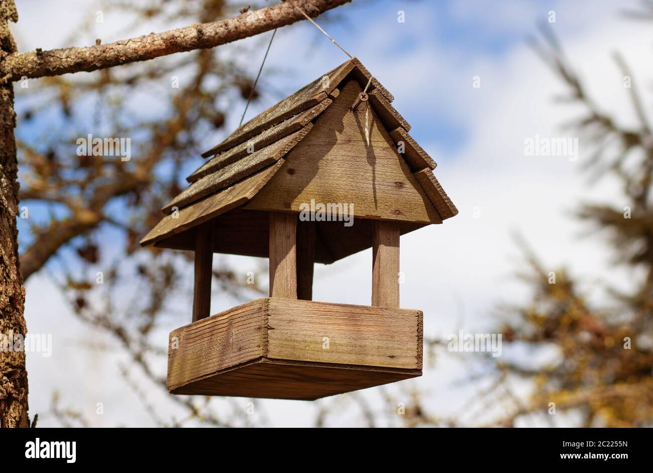 Petit birdhouse au printemps contre le ciel Banque D'Images