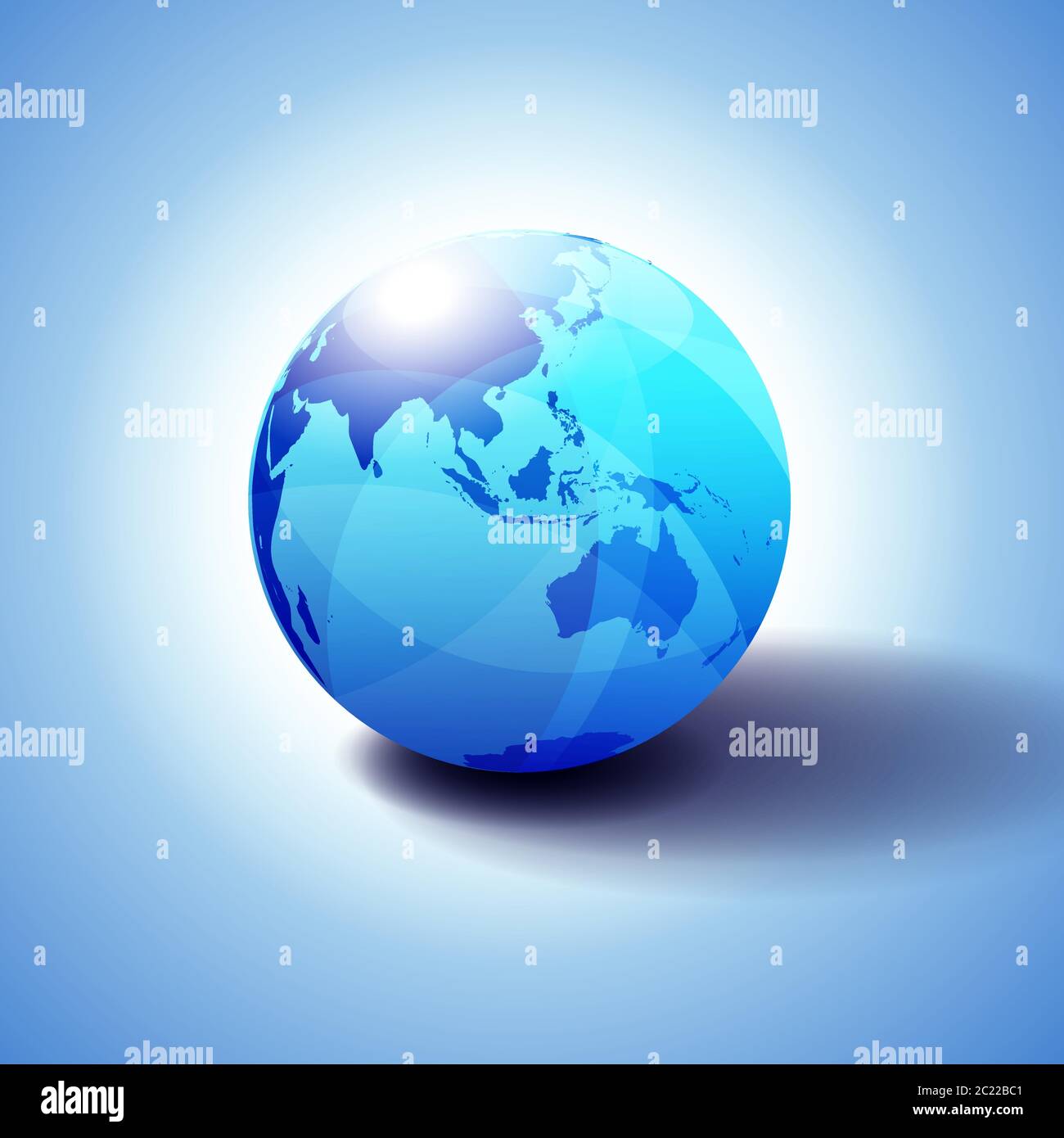 Asie et Australie, arrière-plan avec illustration 3D Globe Icon, sphère brillante et brillante avec carte globale en bleu subtil donnant une sensation de transparence. Illustration de Vecteur