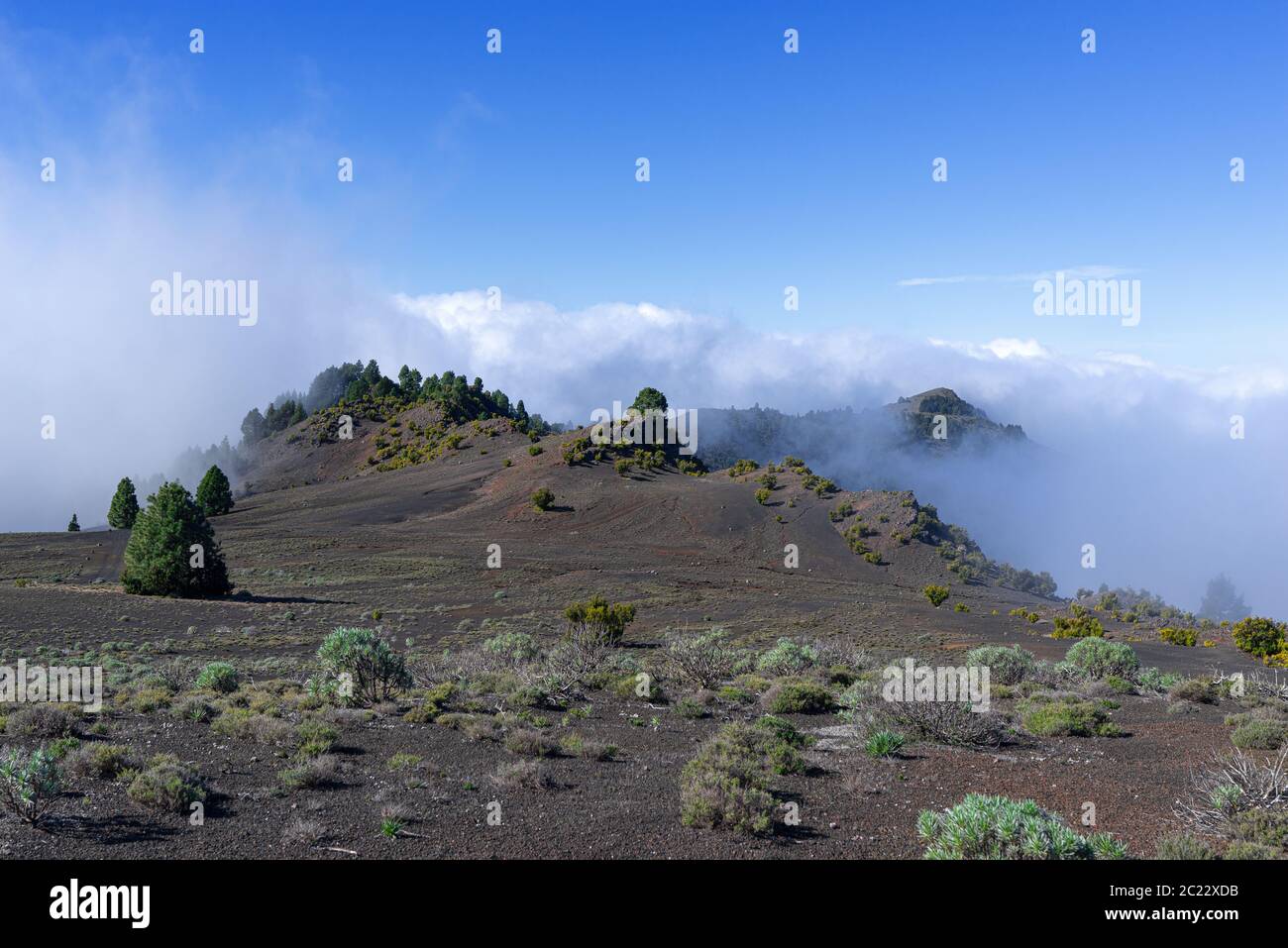 Nuages en hausse sur le plateau à Malpaso avec vue à l'ouest sur l'île d'El Hierro, îles Canaries, Espagne Banque D'Images