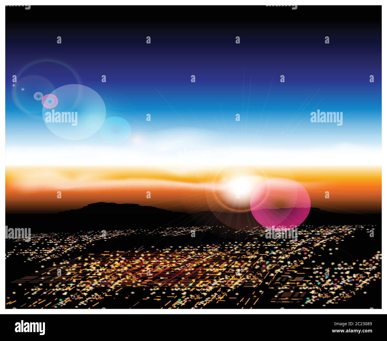 Illustration vectorielle d'une ville avec vue panoramique au lever du soleil. Illustration sans couture horizontale si nécessaire Illustration de Vecteur