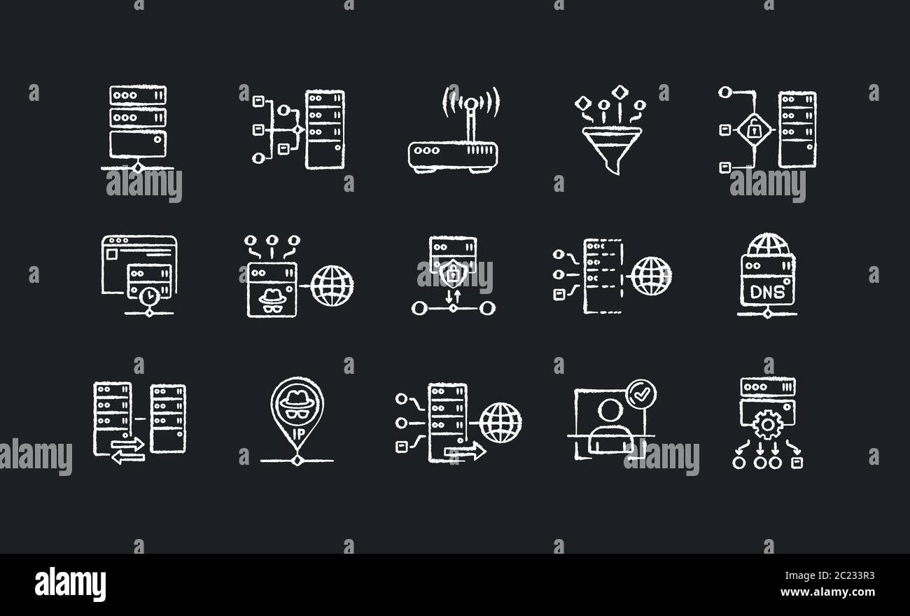 Les icônes blanches de la craie du serveur proxy sont définies sur fond noir Illustration de Vecteur