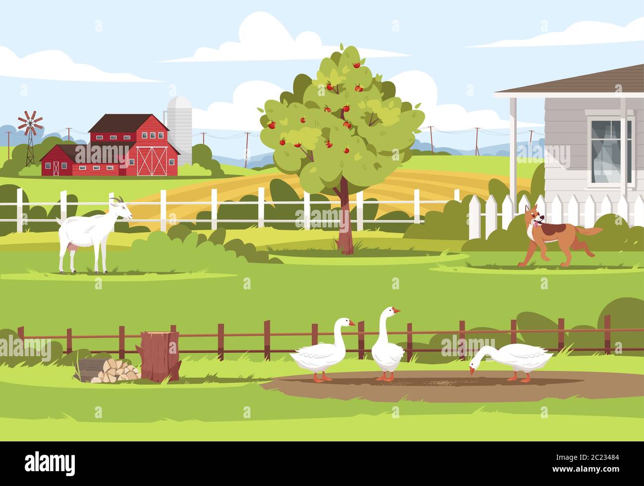 Illustration d'une ferme avec animaux semi-plats Illustration de Vecteur