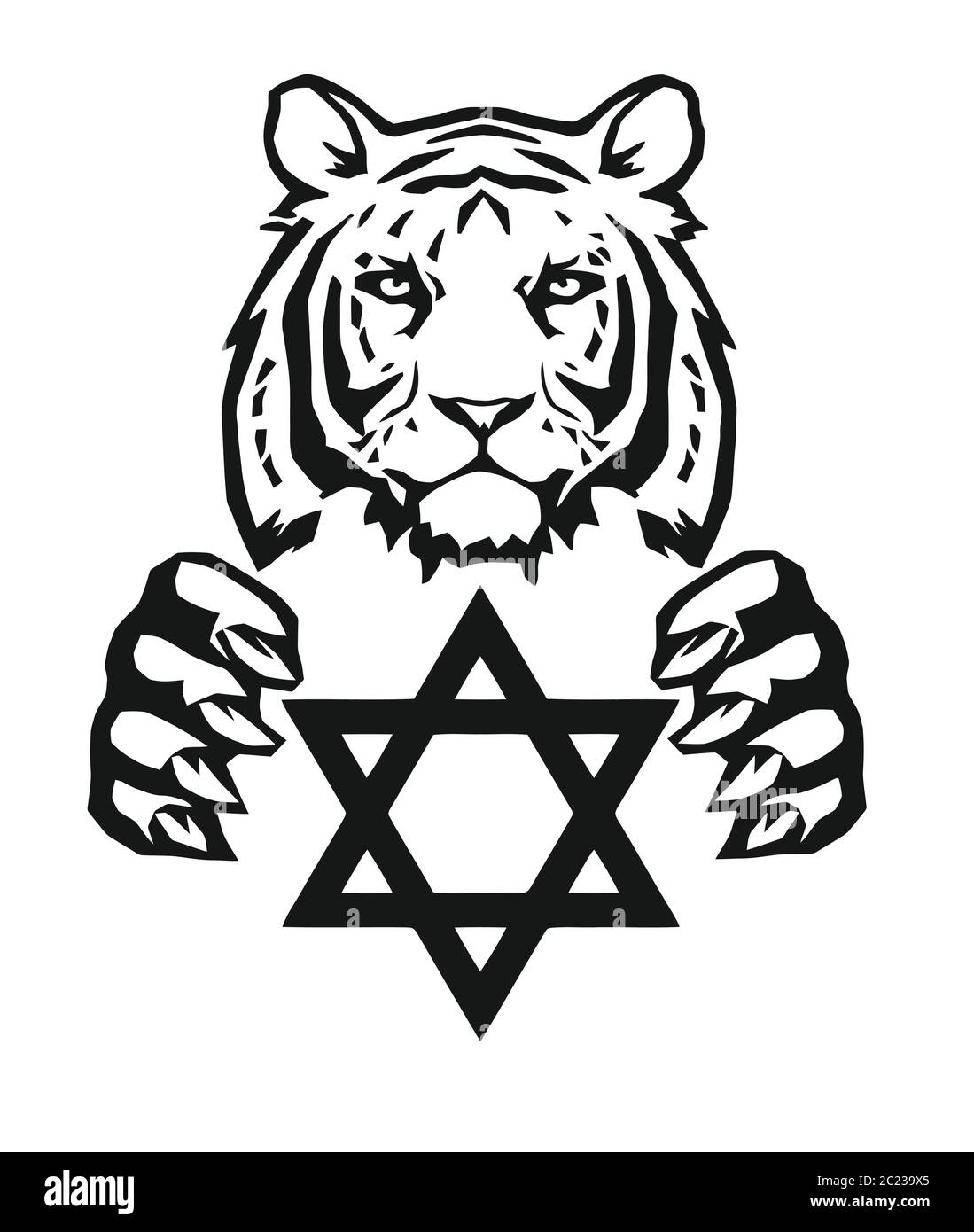 Le tigre et le symbole du judaïsme - étoile de David, Megan David, dessin pour tatouage, sur fond blanc, vecteur Illustration de Vecteur