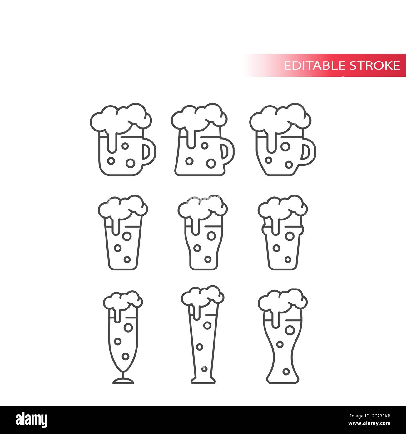 Ensemble d'icônes vectorielles en ligne fine pour verre à bière et mug. Contour des tasses à bière et des verres, icônes de contour modifiables. Illustration de Vecteur
