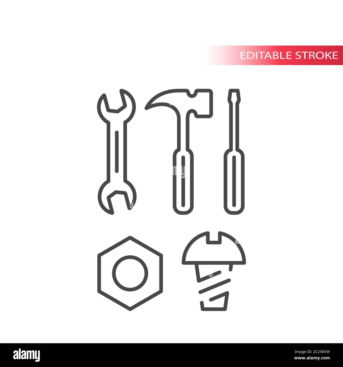 Jeu d'icônes de ligne mince de clé ou de clé, de vis, d'écrou et de tournevis. Contour, contour modifiable. Illustration de Vecteur