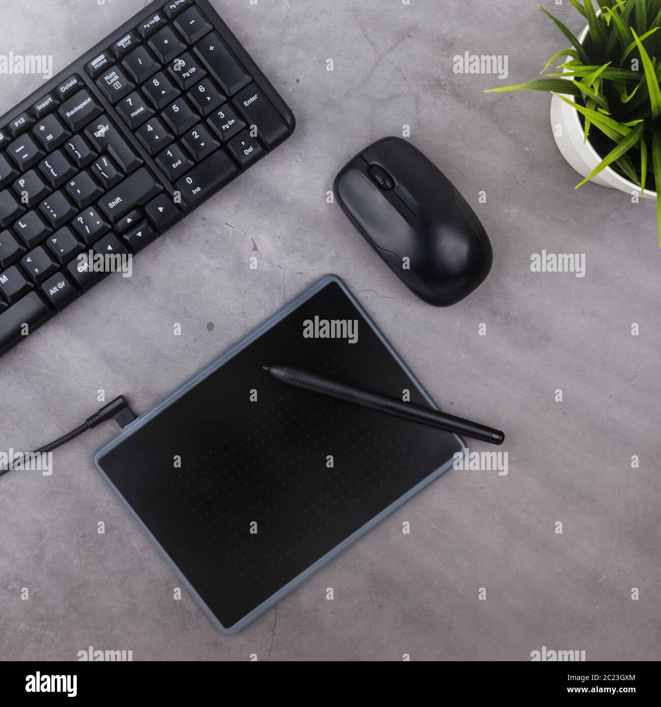 Lieu de travail sur table avec copie espace sombre. Clavier, souris, stylo, tablette graphique, fleur en pot. Mise à plat. Banque D'Images