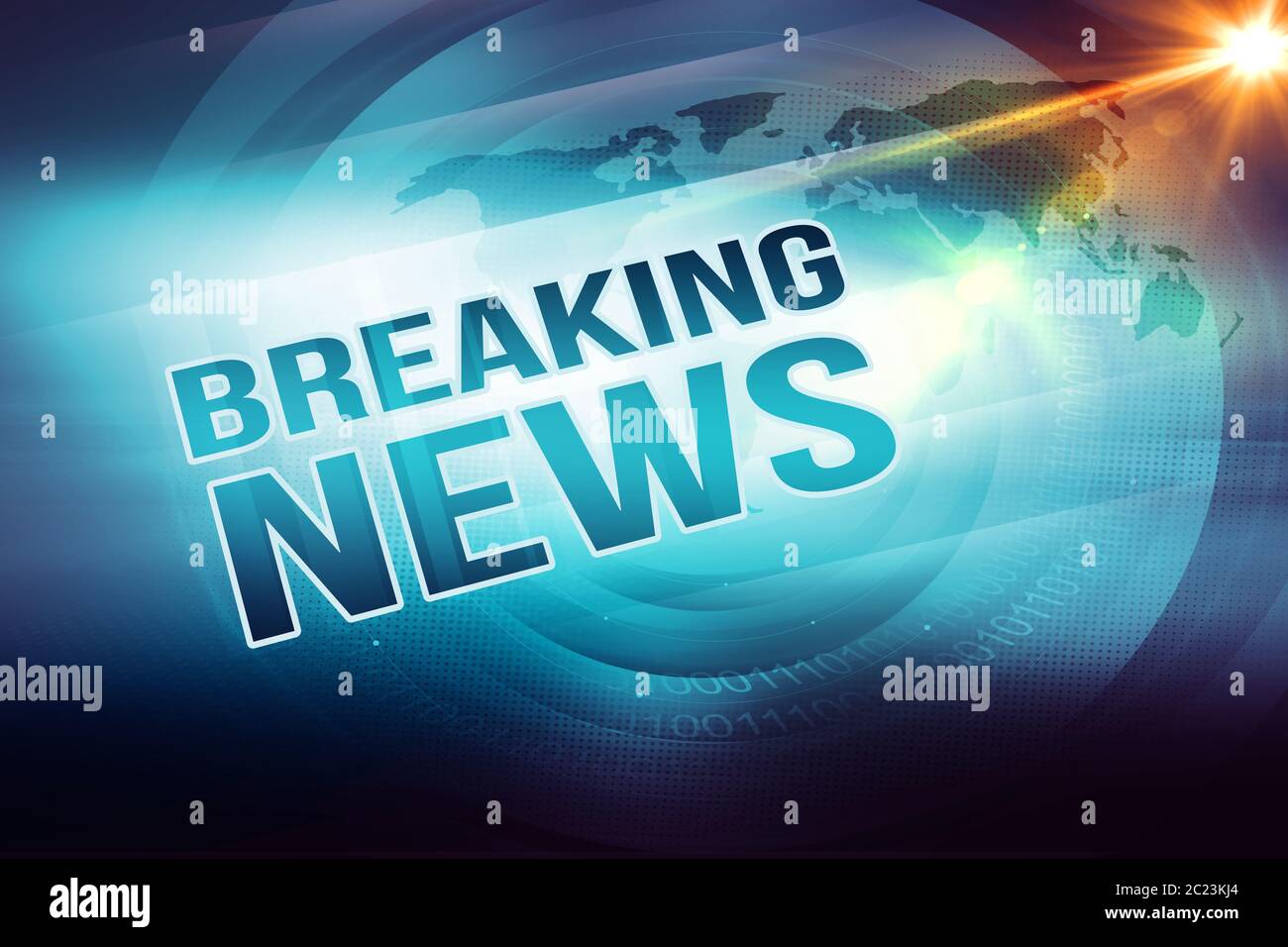 Breaking news graphique texte du plan avec lens flare à bord droit arrière-plan. Illustration 3d, 3D Render Banque D'Images
