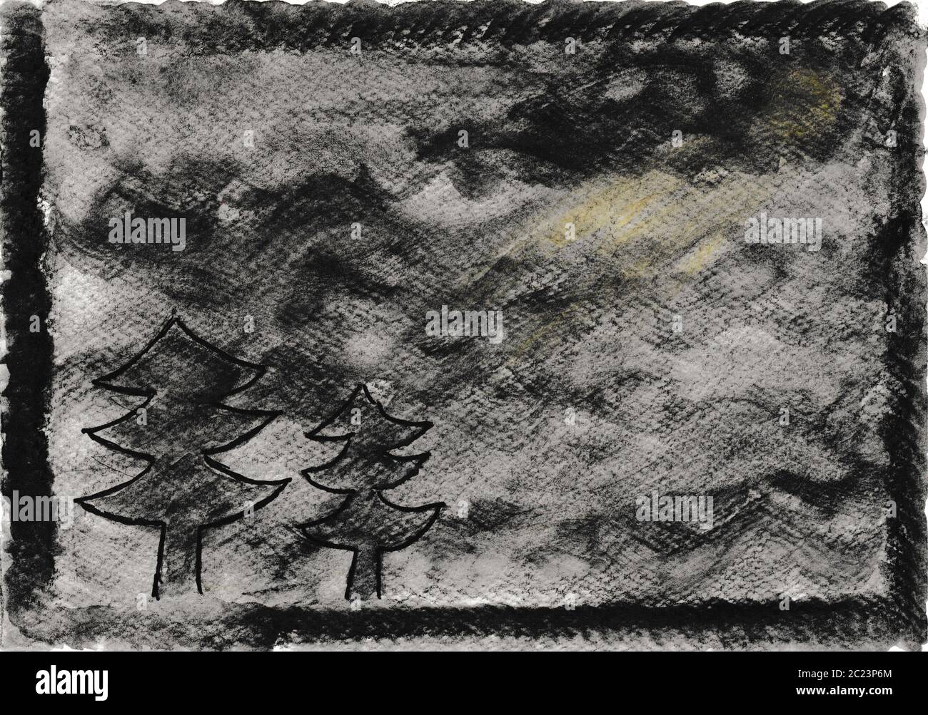Aquarelle peinte à la main, atmosphère nocturne en noir et gris avec arbres et lune Banque D'Images