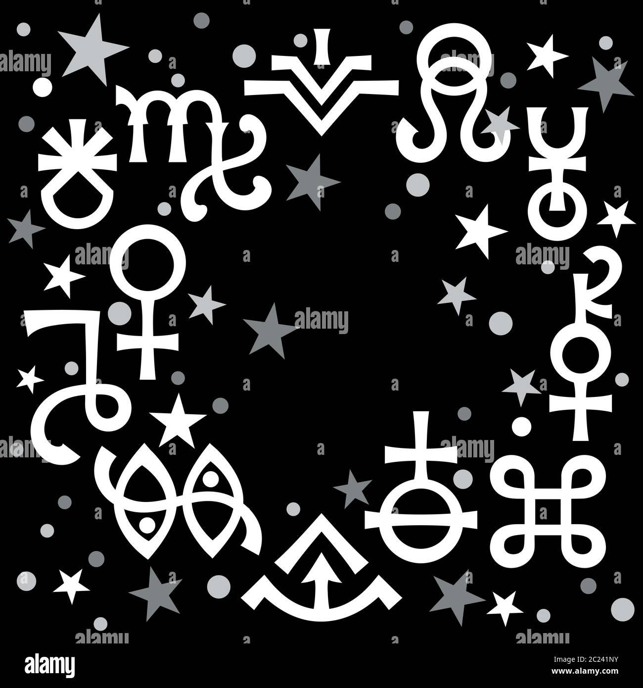 Diadème astrologique (signes astrologiques et symboles mystiques occultes), fond de modèle céleste avec étoiles. Banque D'Images