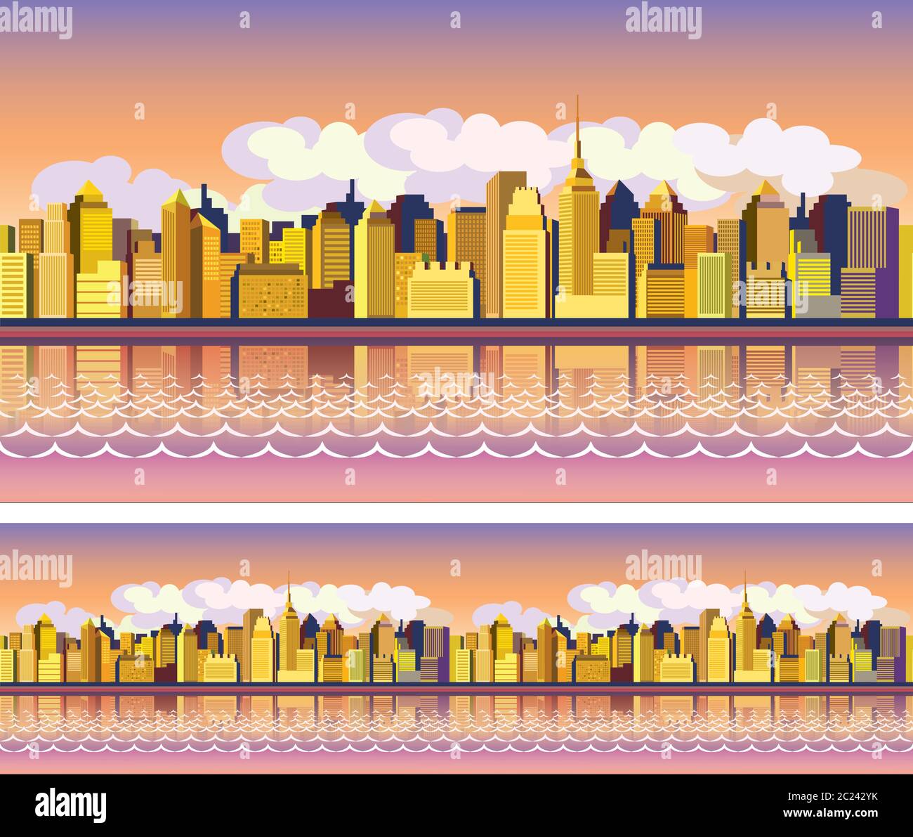 composition panoramique stylisée et sans couture d'une ville moderne dans la lumière du matin Illustration de Vecteur