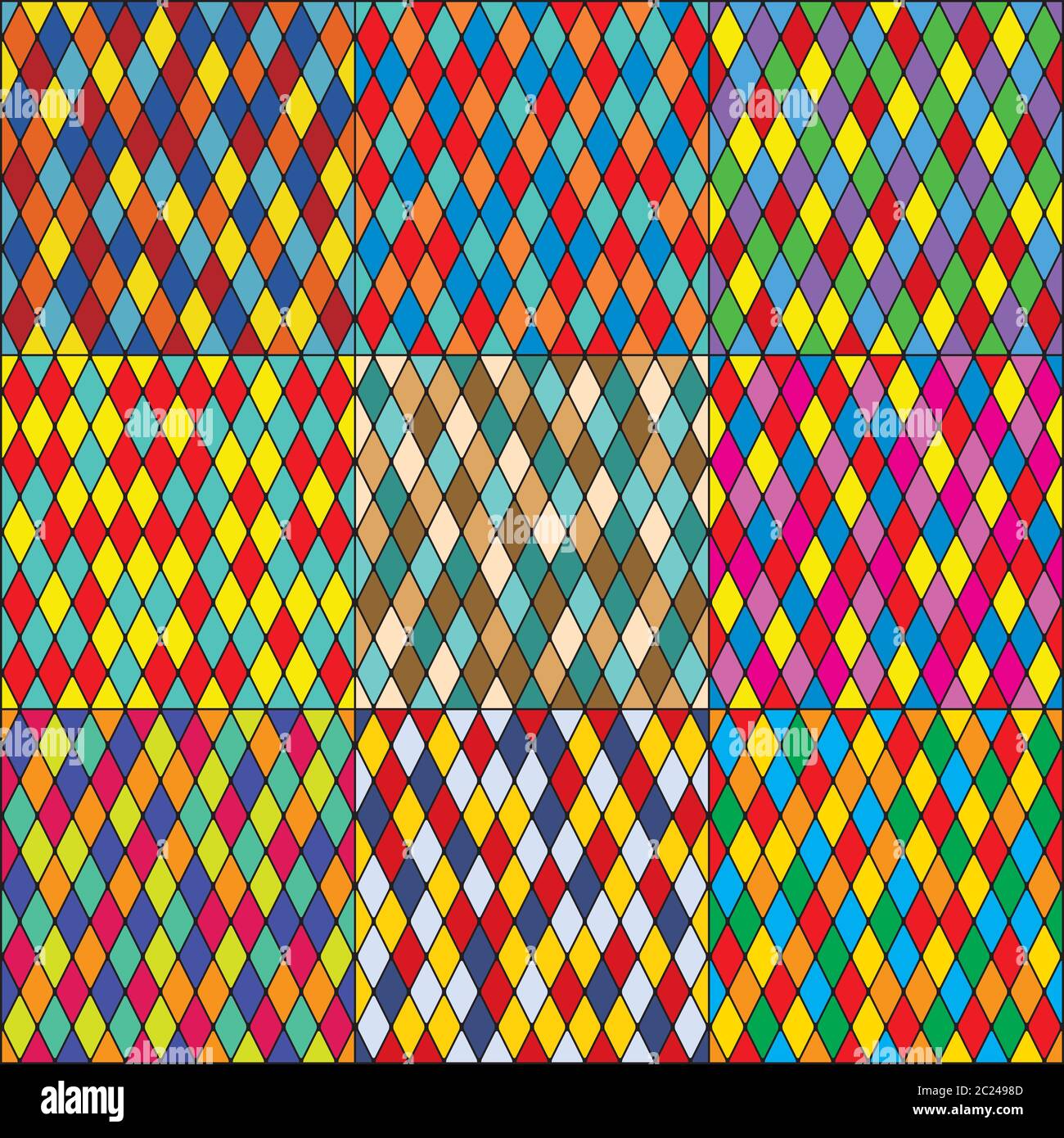 L'Harlequin mosaïque polychrome patchwork multicolores, les modèles sans couture, ensemble de 9 tuiles de couleurs. Banque D'Images