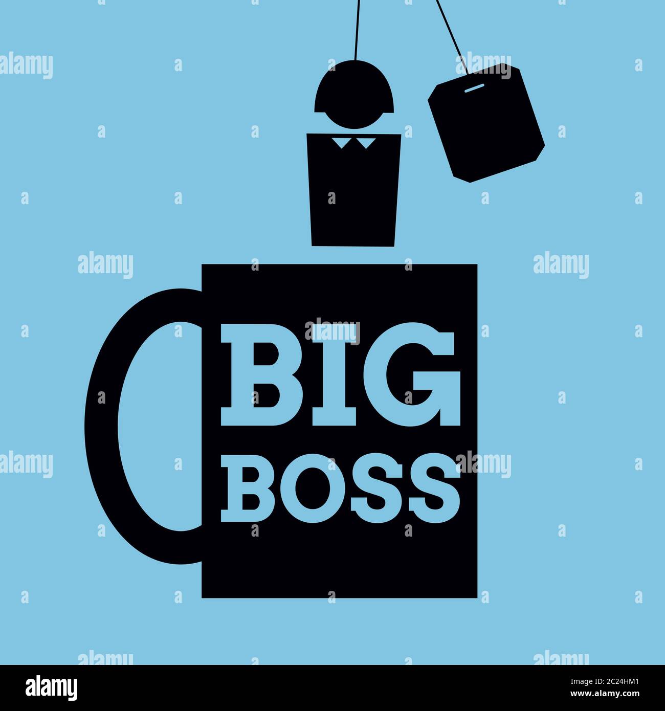 Illustration simplifiée vectorielle. Icône d'une tasse avec les mots « Big Boss » écrits dessus et une personne au lieu de teabag. Format carré. Noir sur bleu. Illustration de Vecteur