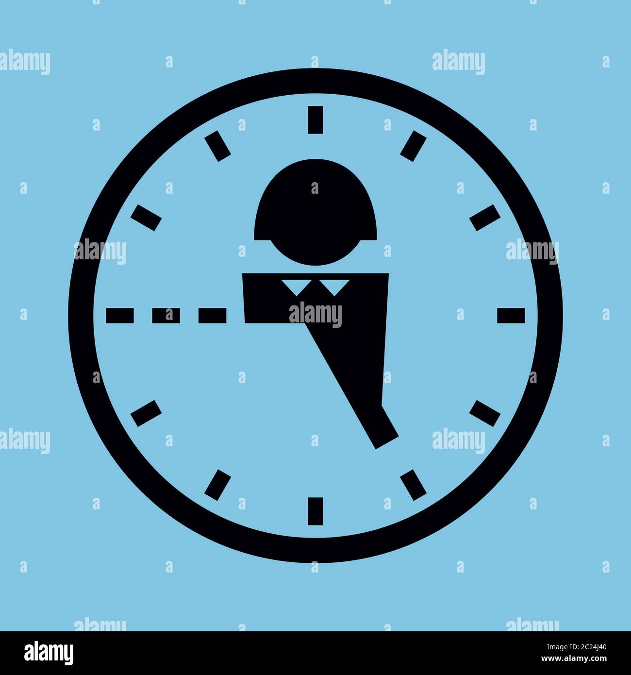 Illustration simplifiée vectorielle. Icône d'une horloge et d'un humain, avec neuf à cinq heures de travail marquées. Noir et bleu. Format carré. Illustration de Vecteur