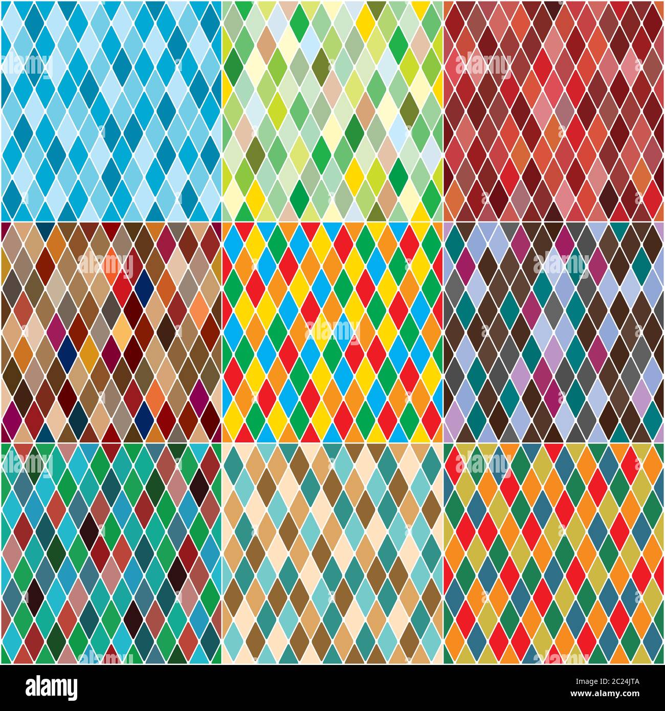 L'Harlequin mosaïque polychrome patchwork multicolores, les modèles sans couture, ensemble de 9 tuiles de couleurs. Banque D'Images