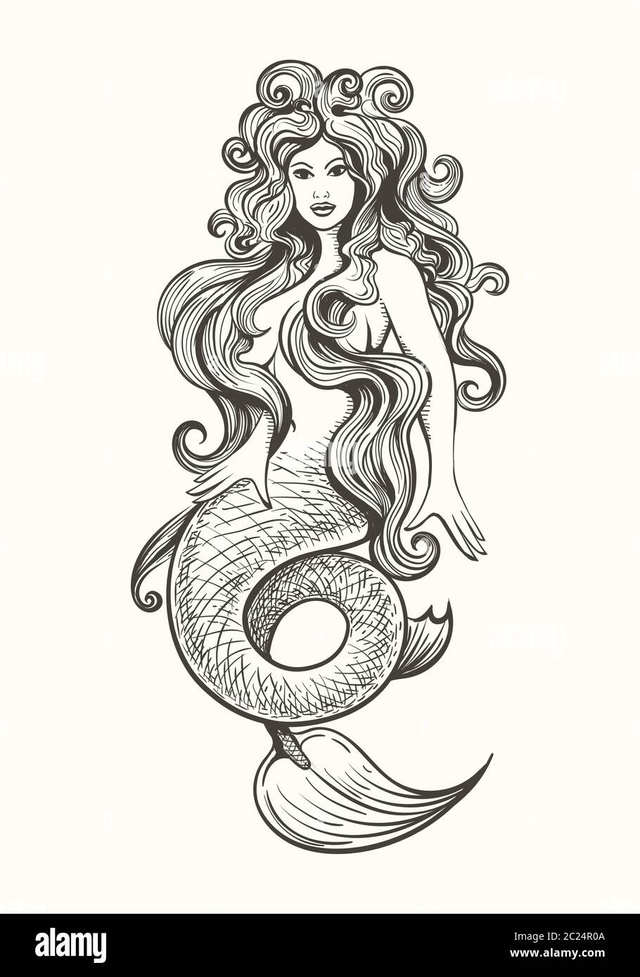 Belle sirène longue cheveux sirène sirène dans le style tatouage vintage. Illustration vectorielle. Illustration de Vecteur
