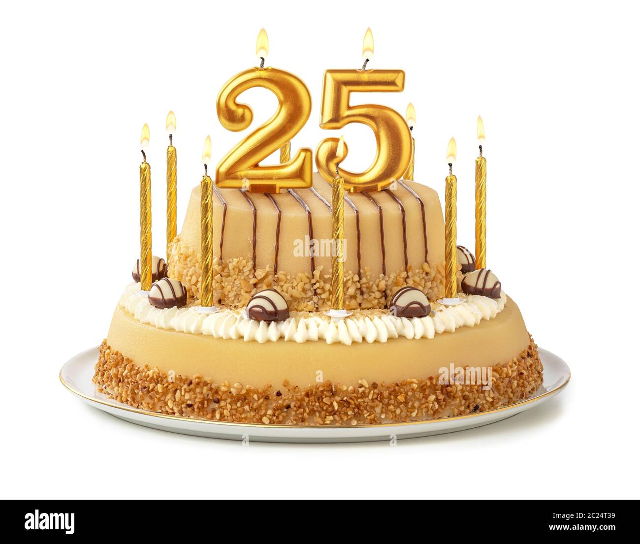 Gâteau de fête avec des bougies d'or - Numéro 25 Banque D'Images