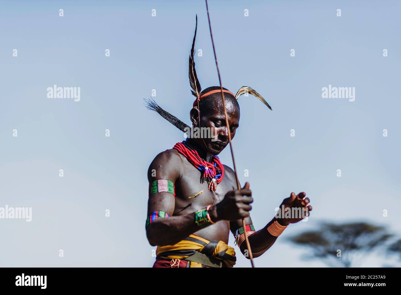 OMO VALLEY, ETHIOPIE - AOÛT 07 2018 : cérémonie de saut de taureau par les membres non identifiés de la tribu Hamer Banque D'Images
