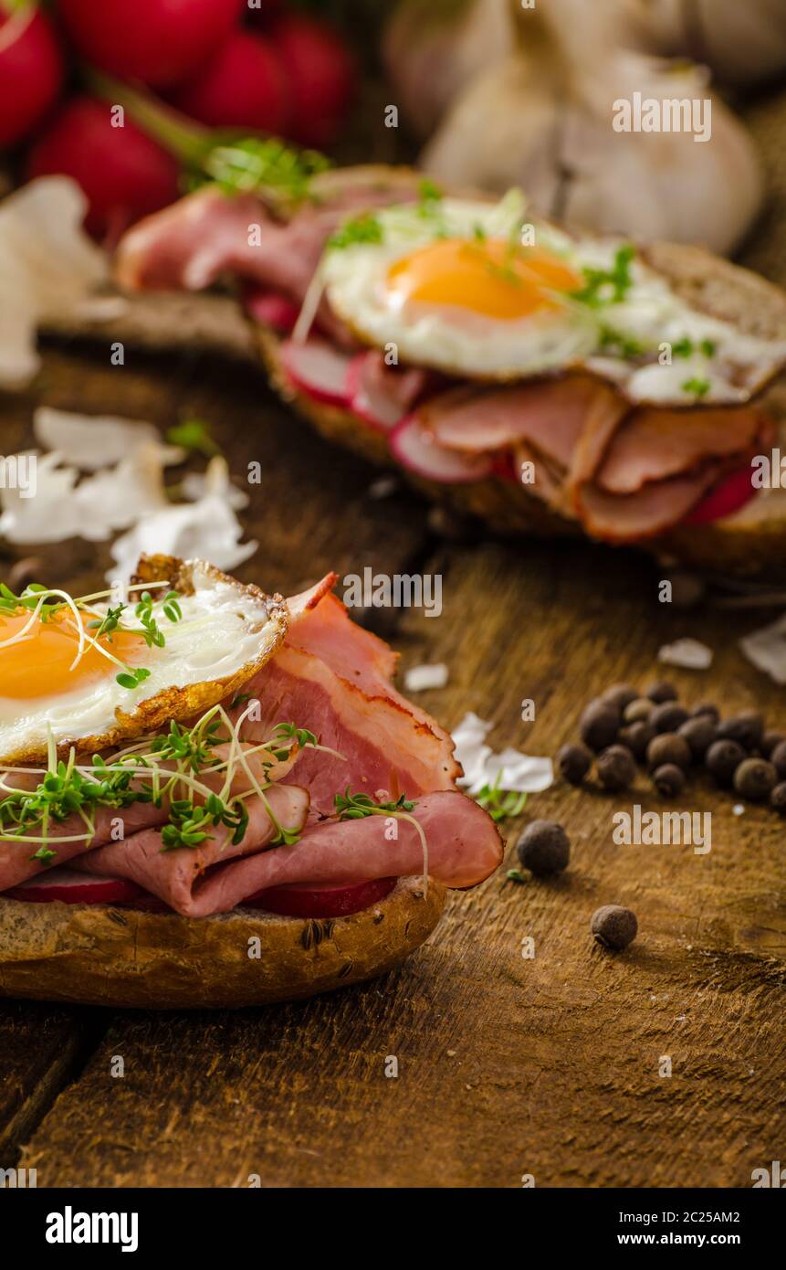 Sandwich au jambon fumé, pain rustique avec oeuf, microgreens et radis frais Banque D'Images