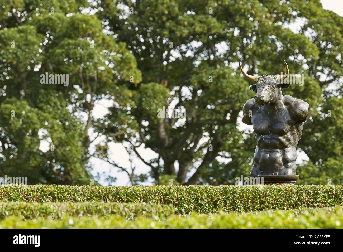 Labyrinthe de haies Holly dans le jardin clos du château de Cawdor avec sculpture de bronze minotaure. Banque D'Images