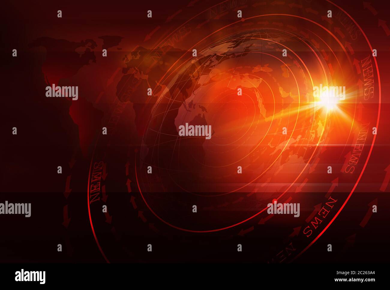 News graphique avec fond carte du monde et des cercles ronds avec des couches d'étapes. Texte sur la masse. Illustration 3d, 3D render Banque D'Images