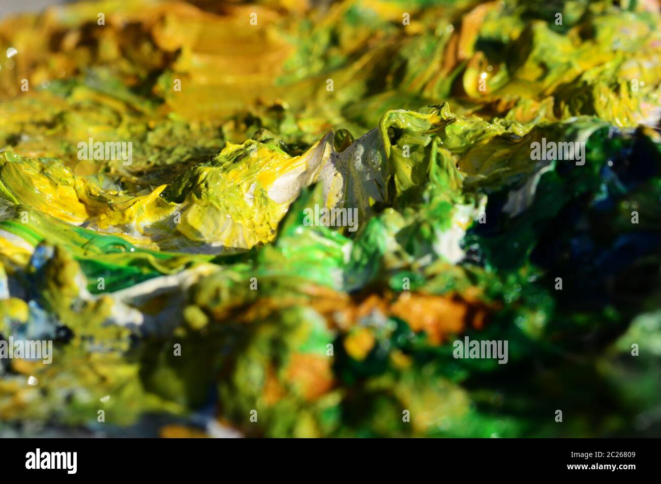 Peinture à l'huile verte sur une palette sèche Banque D'Images