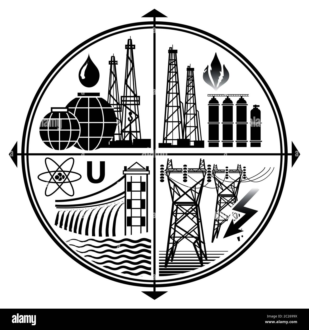 Ressources énergétiques : pétrole, gaz, électricité, énergie nucléaire et hydroélectrique. Emblème de l'industrie de l'extraction d'énergie combustibles fossiles technologies Banque D'Images