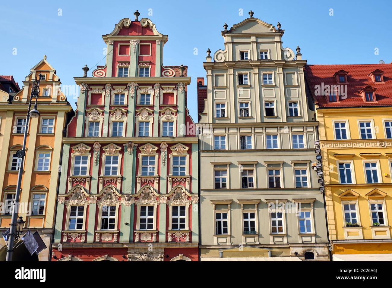 Belles maisons multicolores à la place du marché de Wroclaw, Pologne Banque D'Images