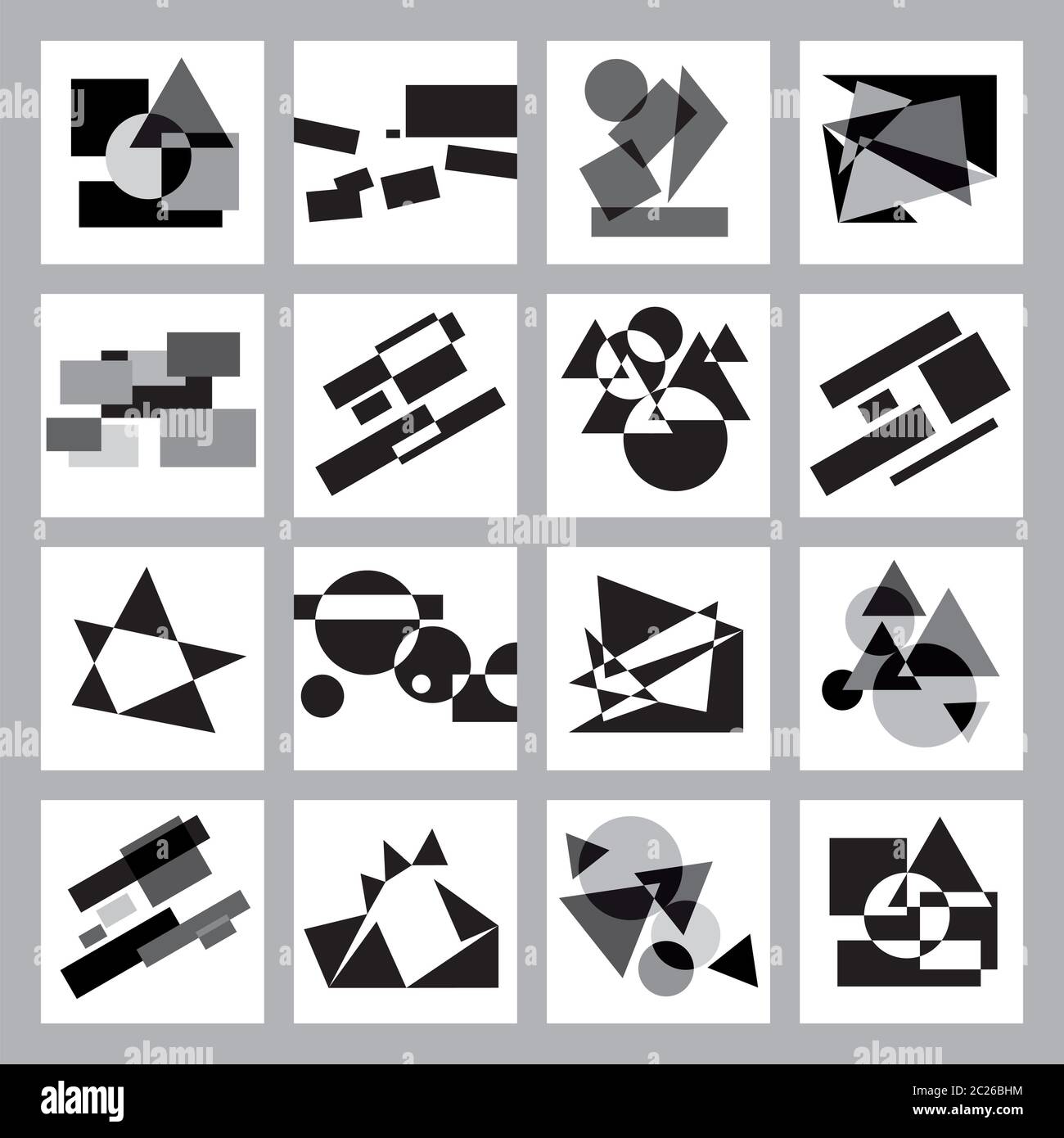 Transformation de noir, gris et blanc, les formes géométriques sur une feuille plane. Banque D'Images