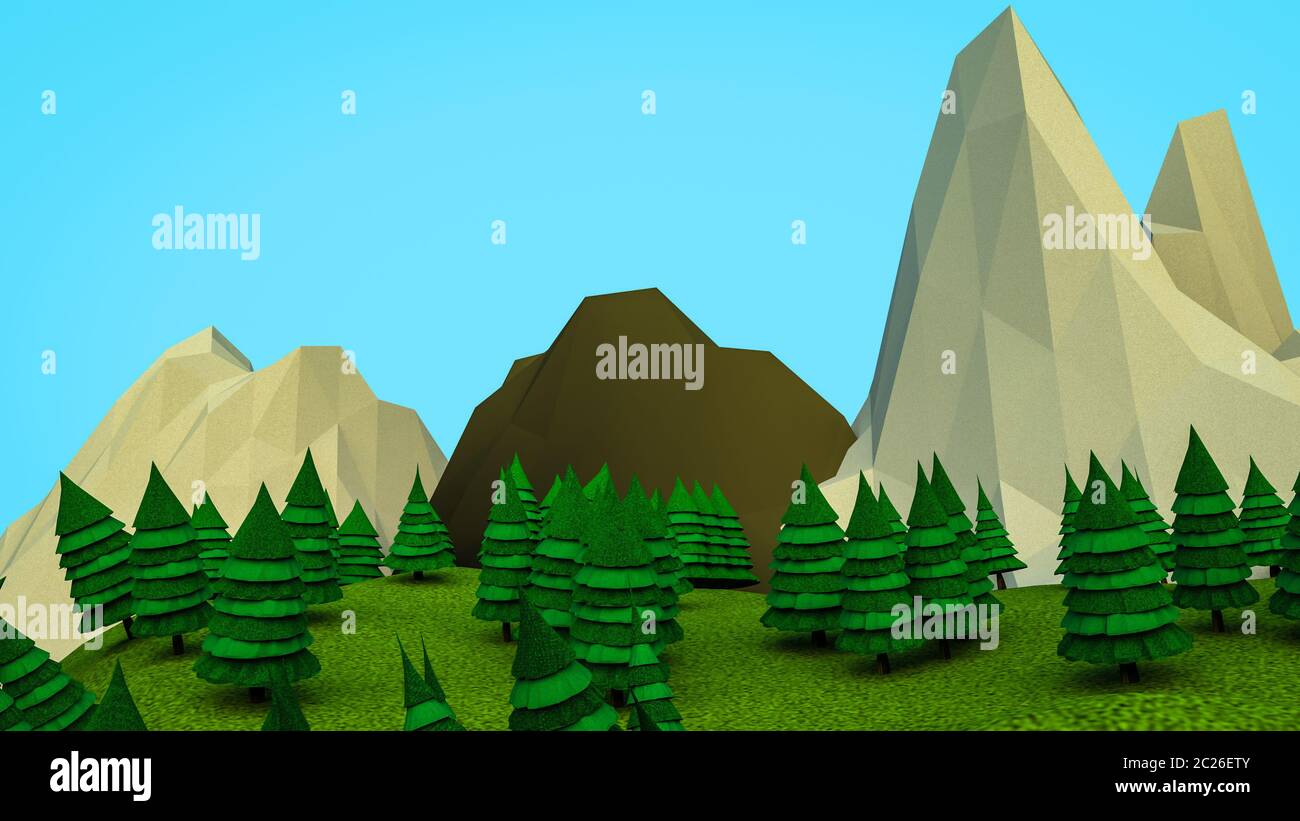 Polygonale bas arbres et montagnes. Paysage. L'informatique graphique. Le rendu 3D Banque D'Images