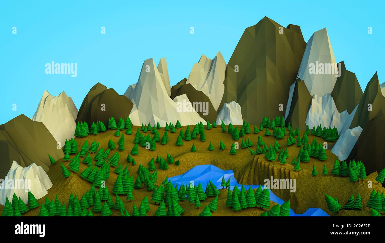 Polygonale bas arbres et montagnes. Paysage. L'informatique graphique. Le rendu 3D Banque D'Images