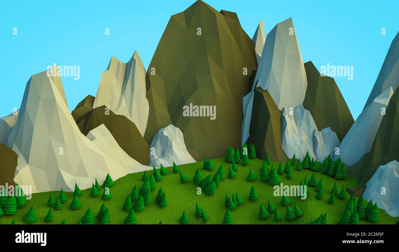 Polygonale bas arbres et montagnes. Paysage. L'informatique graphique. Le rendu 3D Banque D'Images