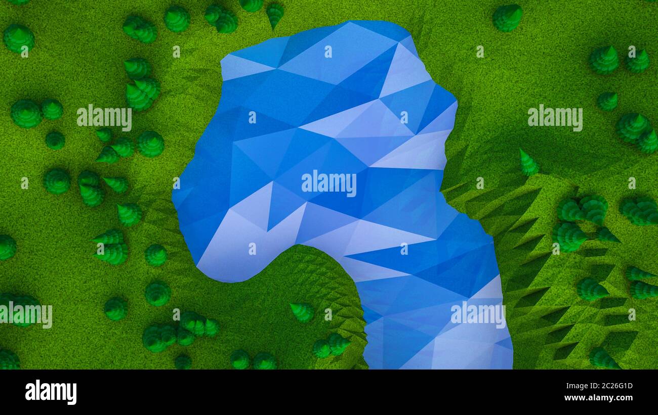 Polygonale bas arbres et montagnes. Paysage. L'informatique graphique. Le rendu 3D Banque D'Images