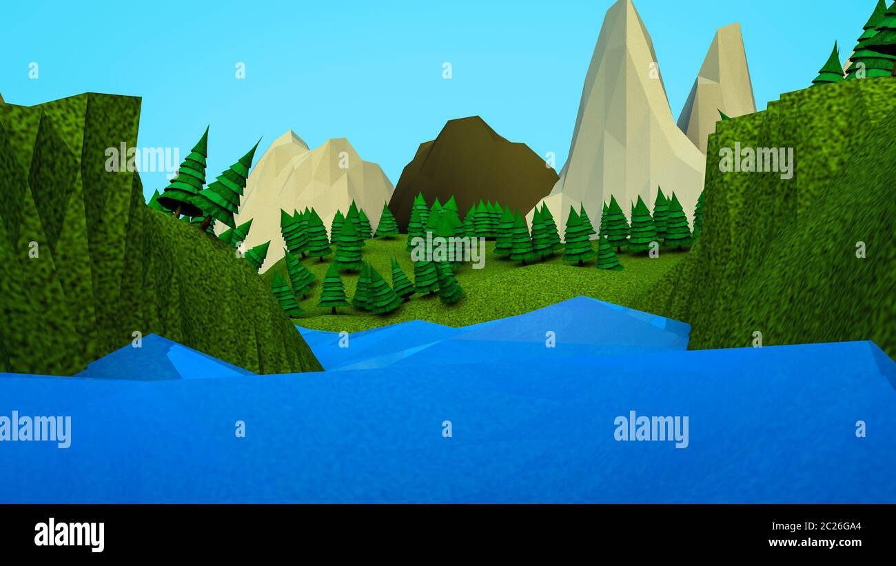 Polygonale bas arbres et montagnes. Paysage. L'informatique graphique. Le rendu 3D Banque D'Images