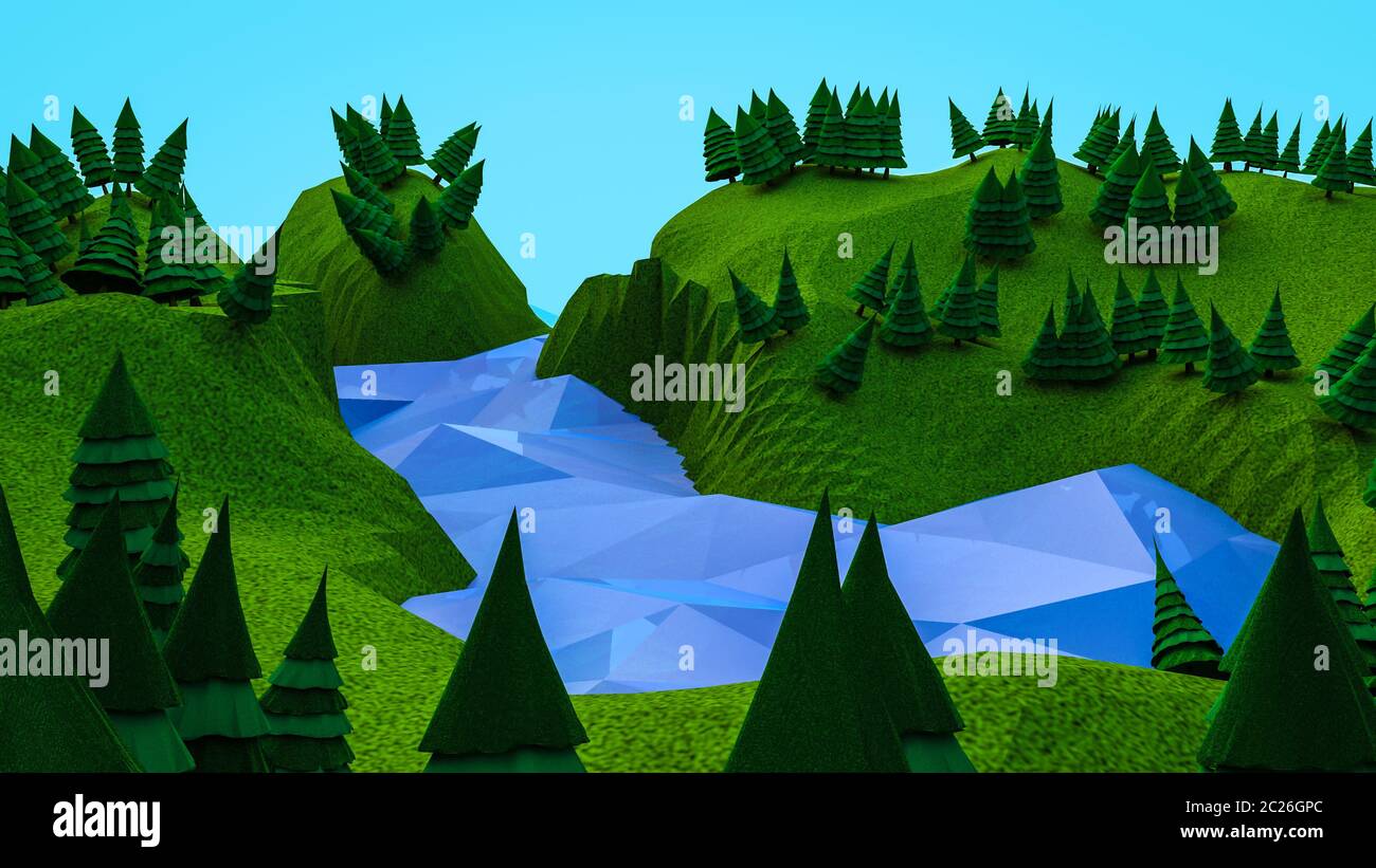 Polygonale bas arbres et montagnes. Paysage. L'informatique graphique. Le rendu 3D Banque D'Images