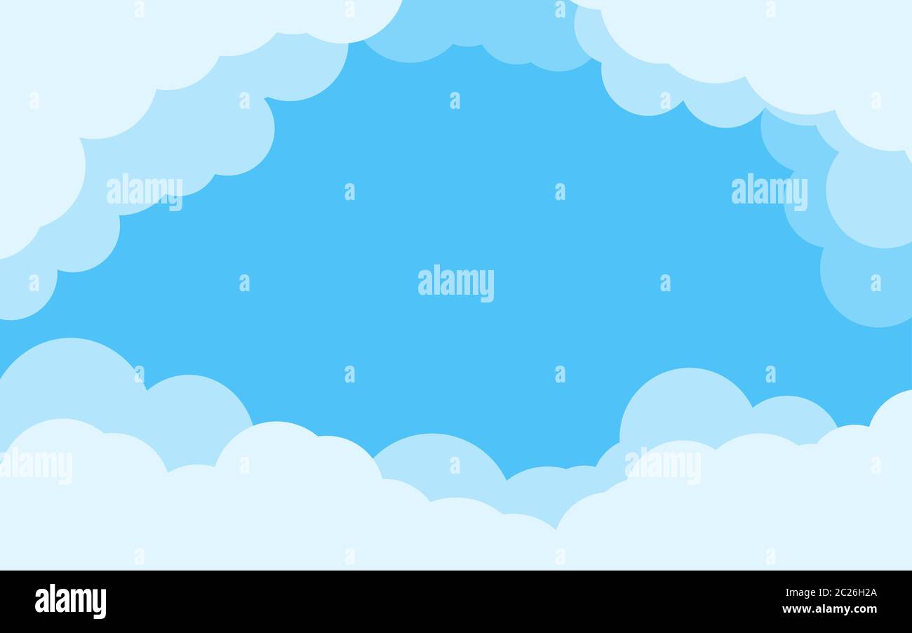 Couvrir le ciel bleu avec la bordure des nuages blancs. Dessin animé d'arrière-plan de style plat de fond d'air. Effet superposé scène ciel nuageux. Zone de texte abstraite pour l'affiche, la circulaire, la carte postale, la bannière Illustration vectorielle Illustration de Vecteur