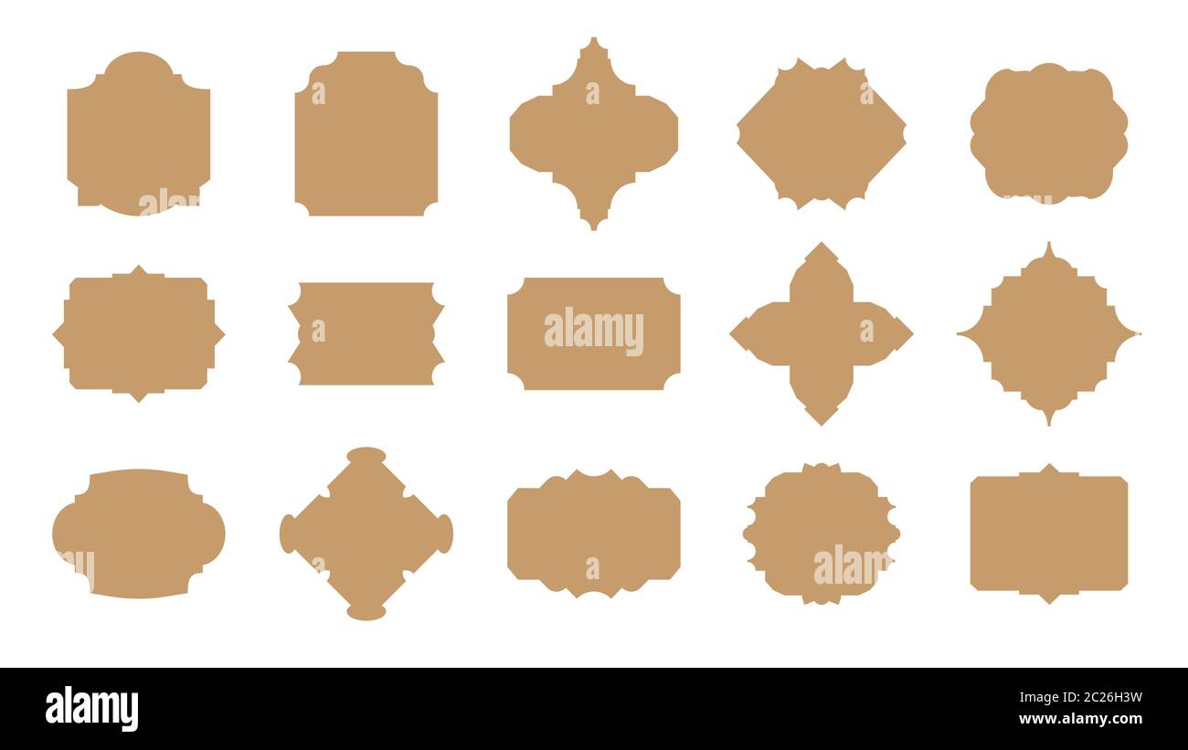 Ensemble de plats rétro vintage pour étiquettes artisanales. Cadre d'étiquette de prix de vente vierge. Modèle de bordure vide de forme différente pour la carte, la bannière de texte, l'invitation de mariage, le menu. Autocollant élégance isolé. Illustration vectorielle Illustration de Vecteur
