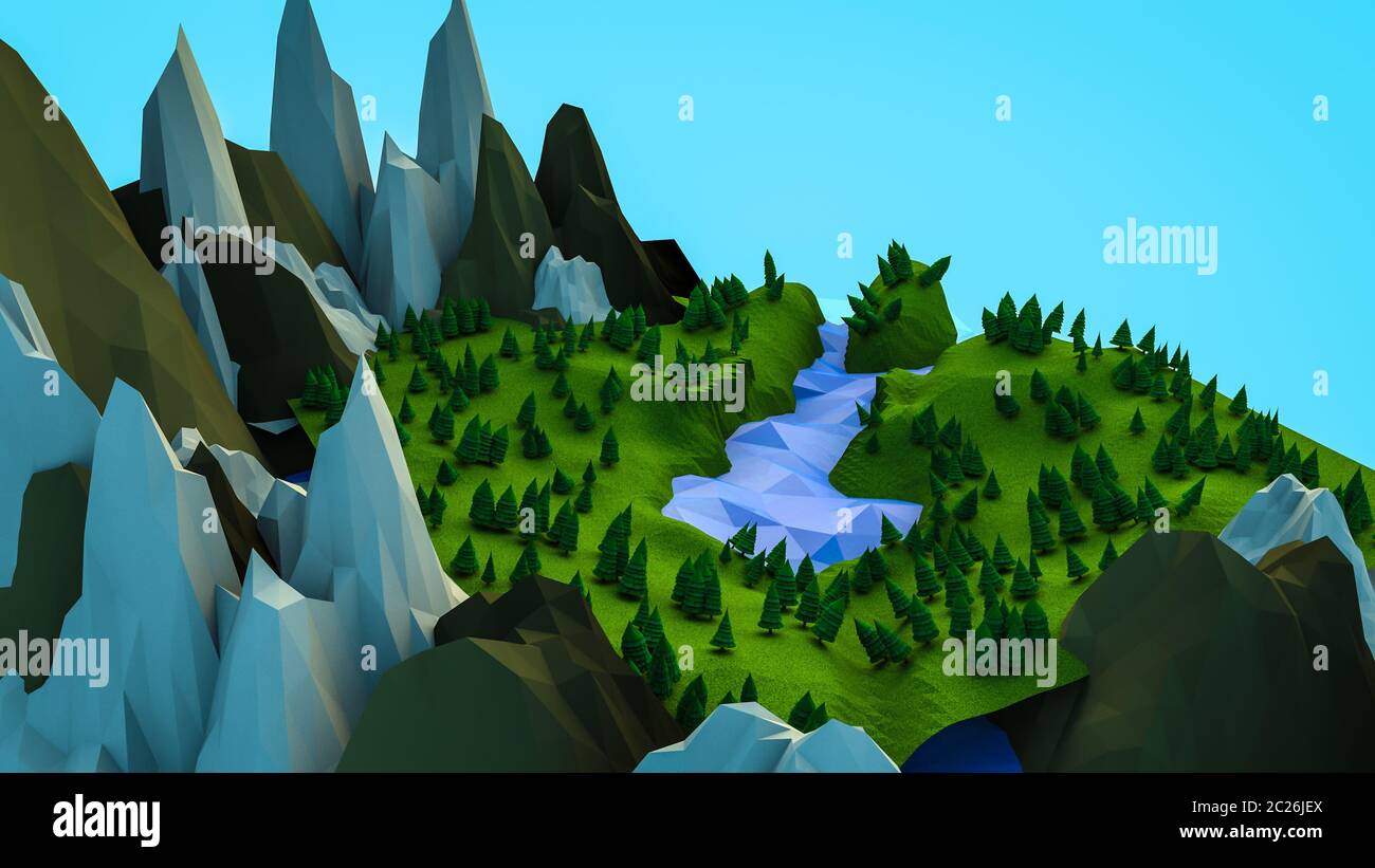 Polygonale bas arbres et montagnes. Paysage. L'informatique graphique. Le rendu 3D Banque D'Images