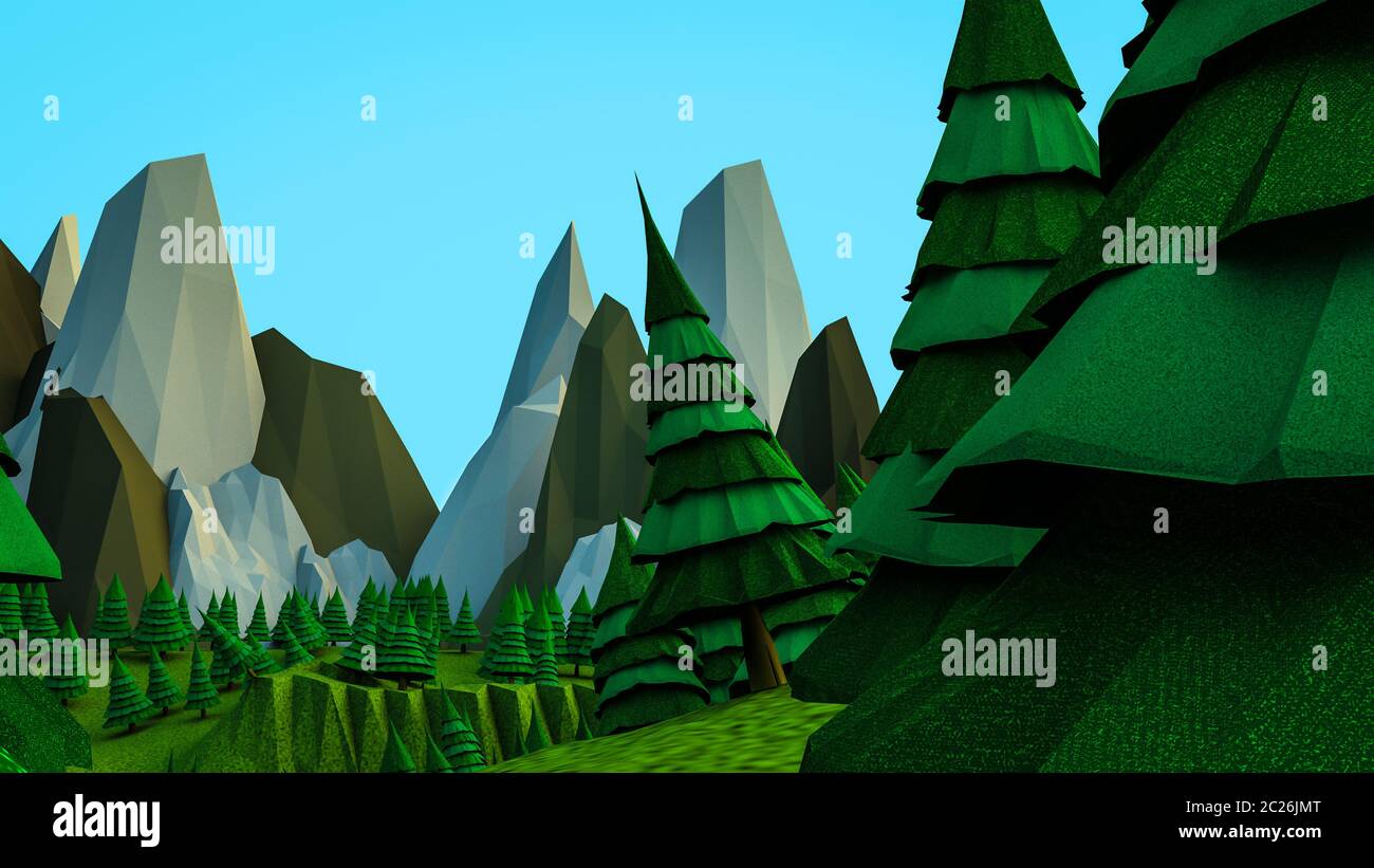 Polygonale bas arbres et montagnes. Paysage. L'informatique graphique. Le rendu 3D Banque D'Images