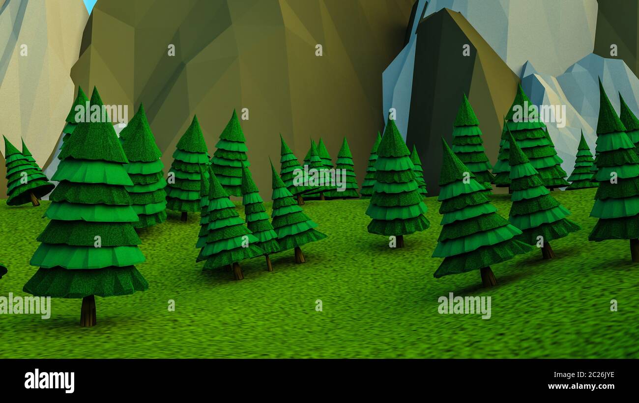 Polygonale bas arbres et montagnes. Paysage. L'informatique graphique. Le rendu 3D Banque D'Images