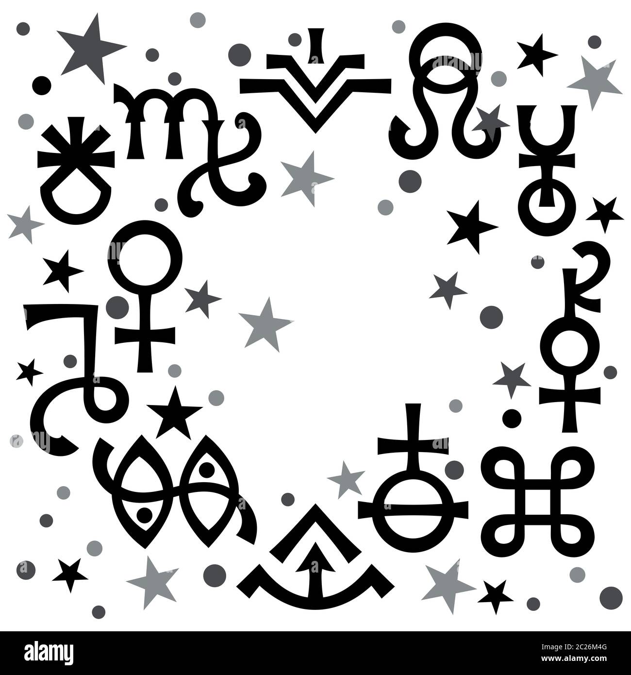 Diadème astrologique (signes astrologiques et symboles mystiques occultes), fond de motif céleste noir et blanc avec étoiles. Banque D'Images