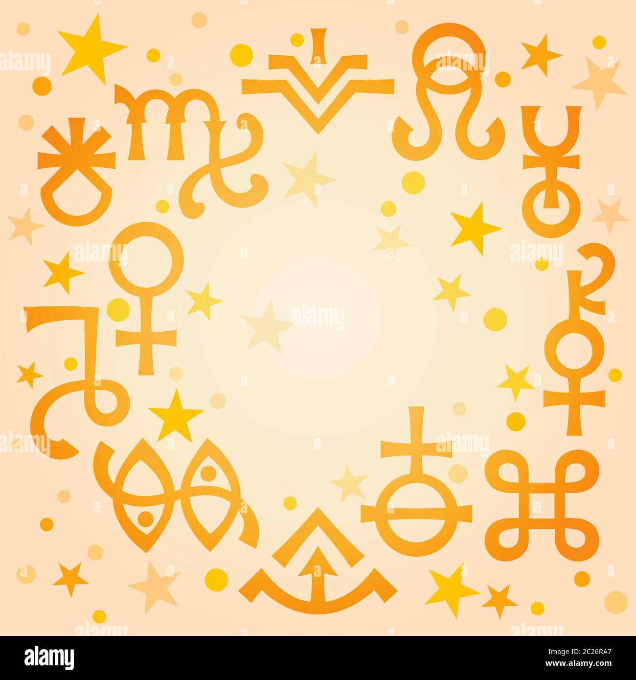 Diadème astrologique (signes astrologiques et symboles mystiques occultes), fond chaud de motif céleste matinal avec étoiles. Banque D'Images