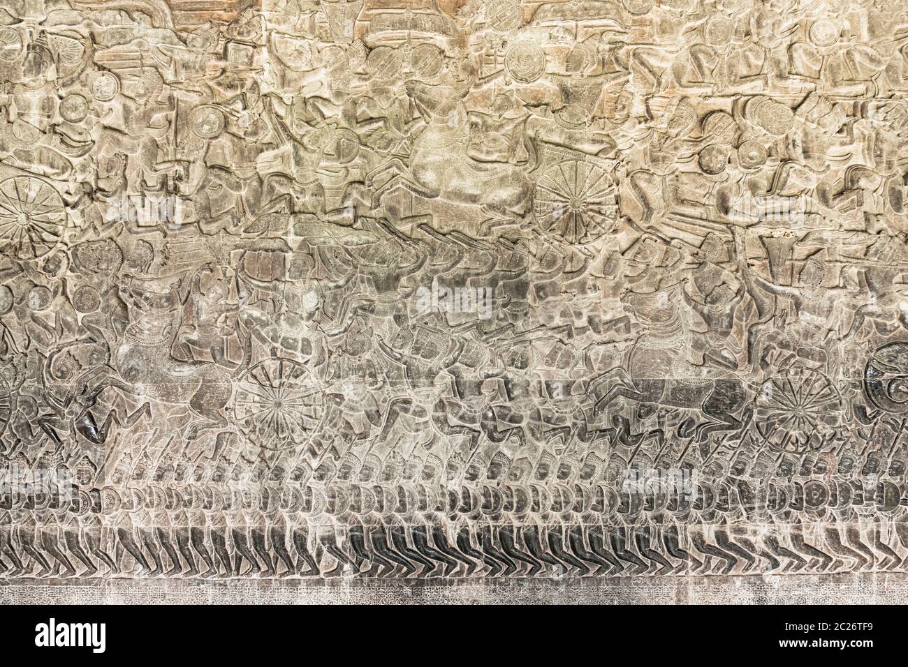 Angkor wat, Bas-relief de l'aile sud à la galerie ouest, scène comme 'bataille de Kurukshetra' à Mahabharata, Siem Reap, Cambodge, Asie du Sud-est, Asie Banque D'Images