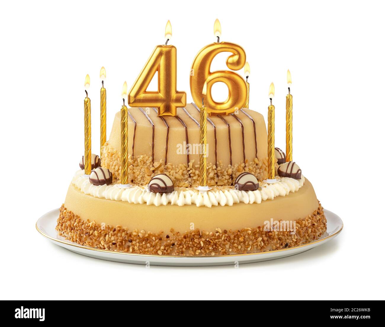 Gâteau de fête avec des bougies d'or - Numéro 46 Photo Stock - Alamy