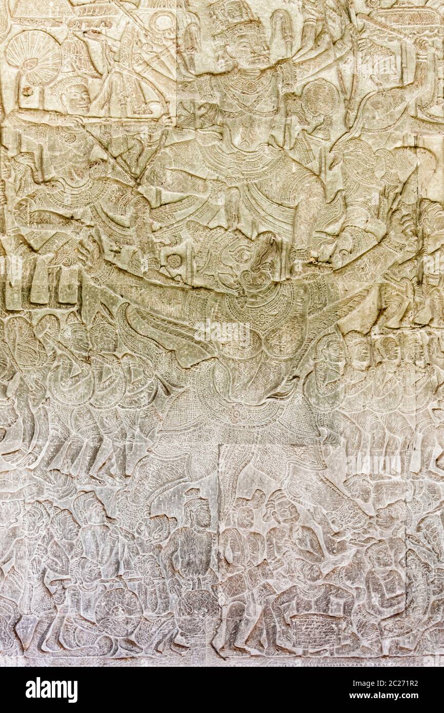 Angkor wat, Bas-relief de l'aile est à la galerie nord, scène comme "victoire de Krishna sur Bana", Siem Reap, Cambodge, Asie du Sud-est, Asie Banque D'Images