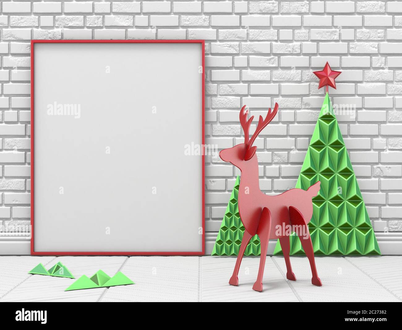 Des maquettes en blanc cadre photo, décoration de Noël et le renne avec les  arbres de Noël vert 3D Photo Stock - Alamy