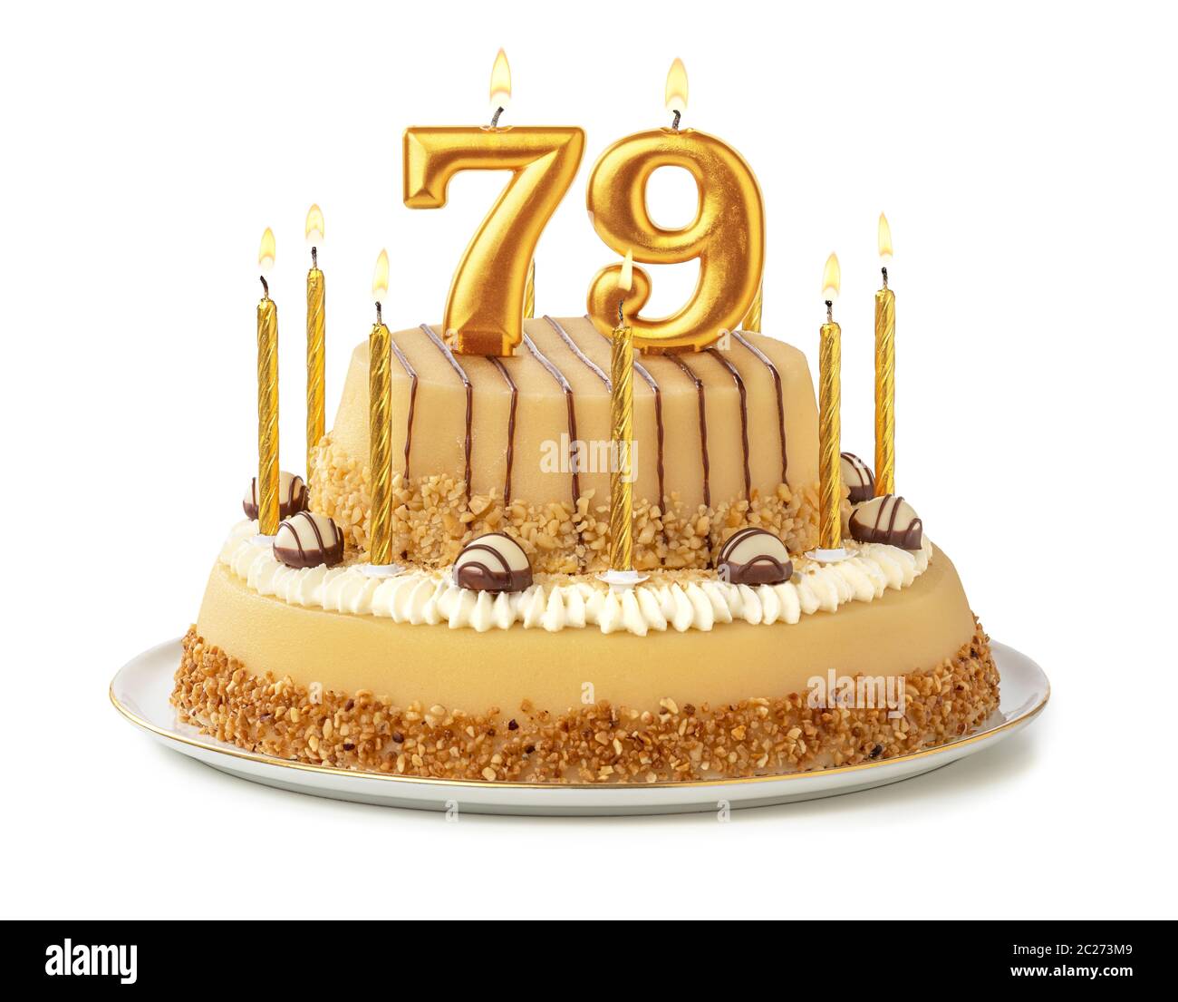 Gâteau de fête avec des bougies d'or - Numéro 79 Banque D'Images
