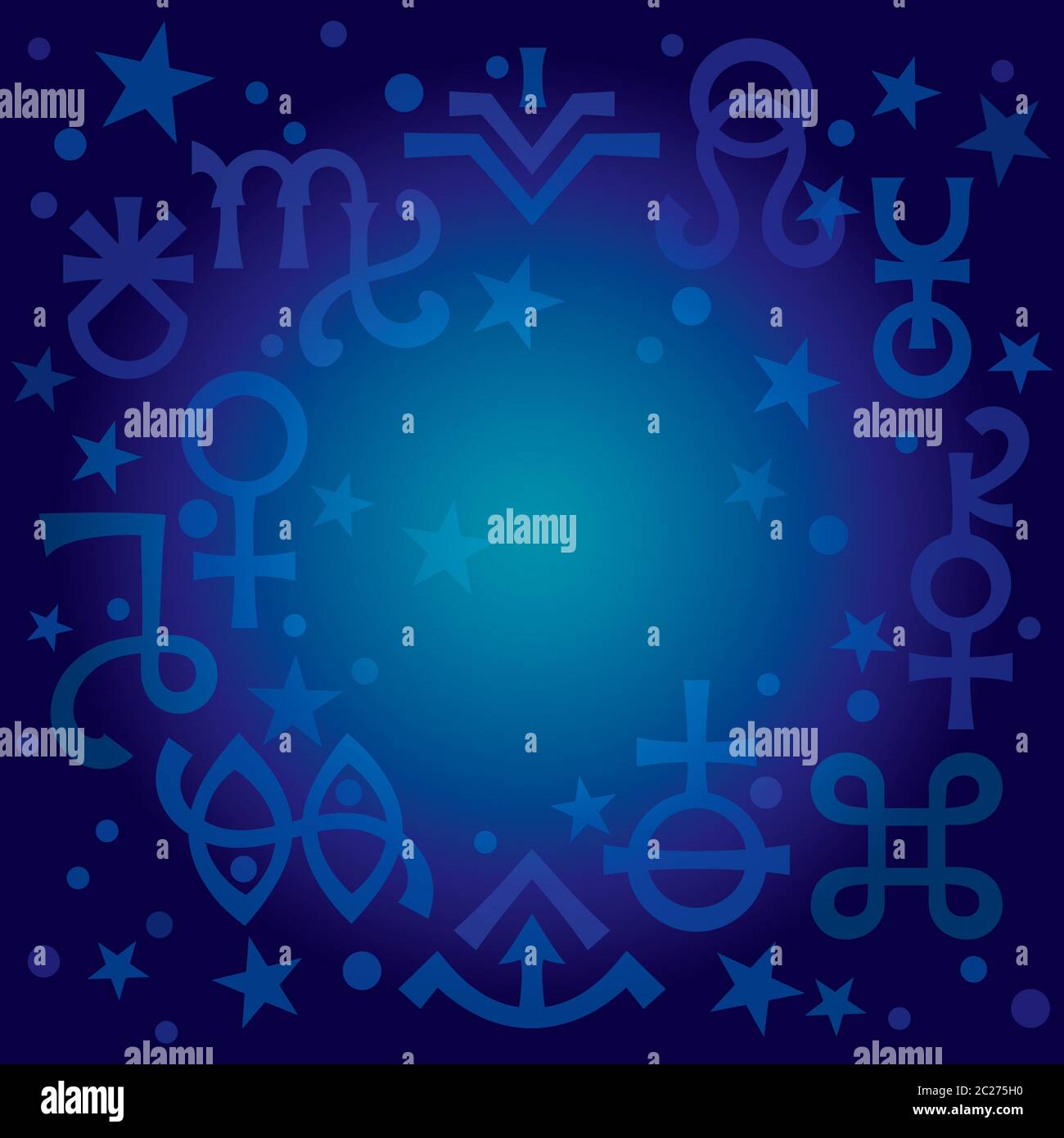 Diadème astrologique (signes astrologiques et symboles mystiques occultes), plan de fond de modèle céleste avec des étoiles. Banque D'Images